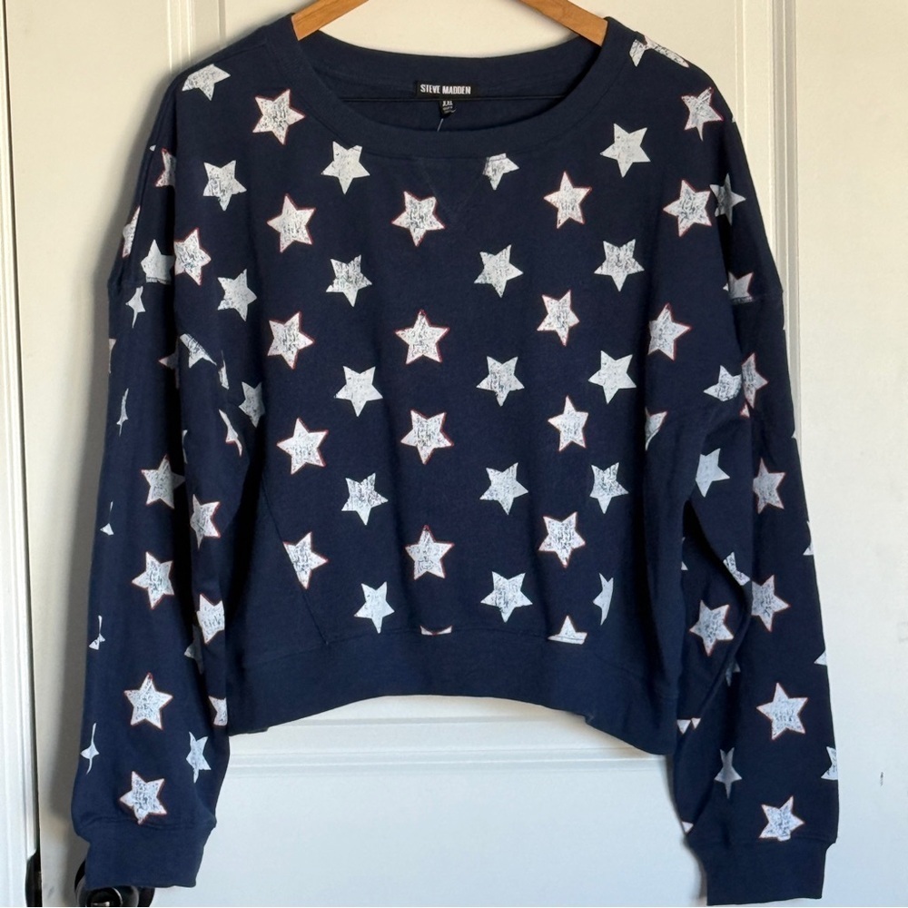 Steve Madden Patriotic White/Blue Star Print Crop Sweatshirt Size XXL